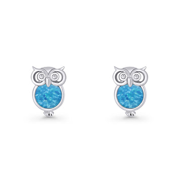Round 9.7mm Lab Created Blue Opal Owl Stud Earring 925 Sterling Silver Wholesale